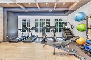 A gym with treadmills, exercise balls, and weights.